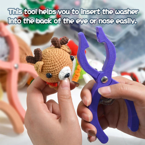 Foolproof Safety Eyes Jig Pliers For Doll Faces inserting washer into plush toy nose, purple durable plastic tool in use.