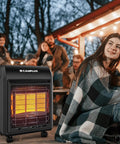 Outdoor Propane Patio Heater With 3 Heat Settings, 6,000 12,000 18,000 BTU in a cozy outdoor gathering area with people.