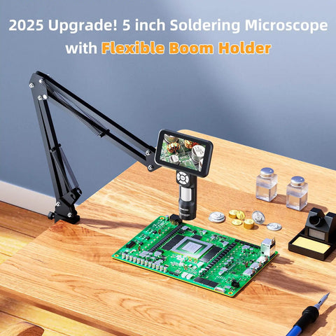 Handheld Digital Microscope With Flexible Boom Arm For Soldering And Electronics on a wooden desk with electronic components