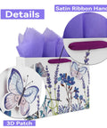 13 Inch Large Purple Gift Bag Set With Lavender Theme 3D Butterfly Accents Greeting Card And Tissue Paper Perfect For Birthday Mothers Day Weddings Valentines Day Or Any Special Occasion showing satin ribbon handle and 3D patch detail.