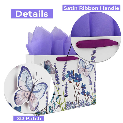 13 Inch Large Purple Gift Bag Set With Lavender Theme 3D Butterfly Accents Greeting Card And Tissue Paper Perfect For Birthday Mothers Day Weddings Valentines Day Or Any Special Occasion showing satin ribbon handle and 3D patch detail.
