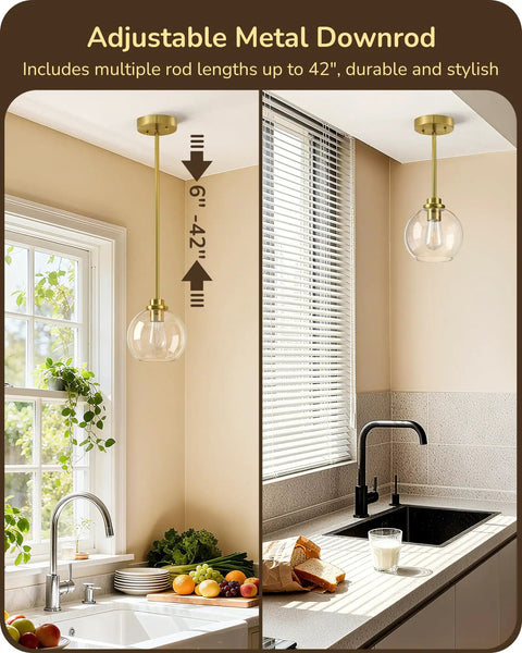 Adjustable metal downrod with a pendant light over a kitchen sink, showing height range up to 42 inches, featuring brass fixtures.