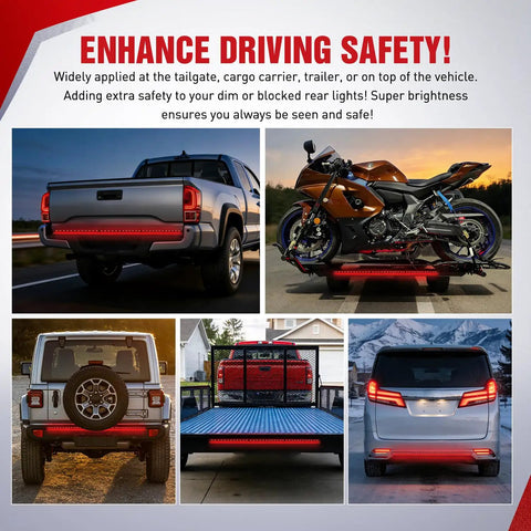 49 Inch LED Tailgate Light Strip With 90 LEDs In Red And White for trucks and trailers, enhancing night visibility and safety.