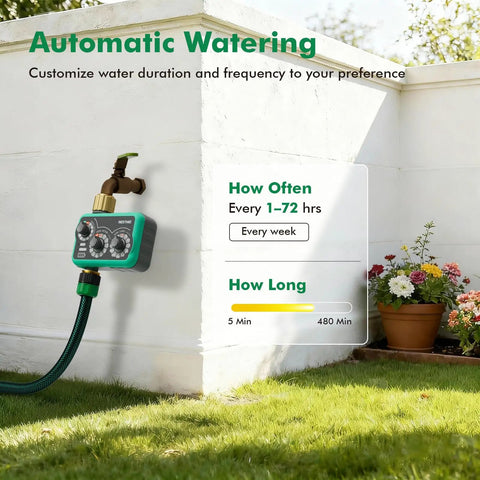 Three Dial Analog Sprinkler Timer With Brass Inlet And Outlet For Garden Hose on outdoor wall, showing duration setting.