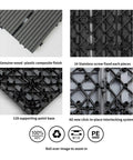 Close-up of Interlocking 12x12 Wood Plastic Composite Patio Deck Tiles for indoor and outdoor use, showing base and snap-in system.