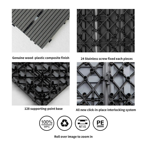 Close-up of Interlocking 12x12 Wood Plastic Composite Patio Deck Tiles for indoor and outdoor use, showing base and snap-in system.