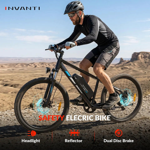 Adult Electric Mountain Bike With 26 Inch Tires And 750W Peak Motor riding on rugged terrain with 750W motor and disc brakes.