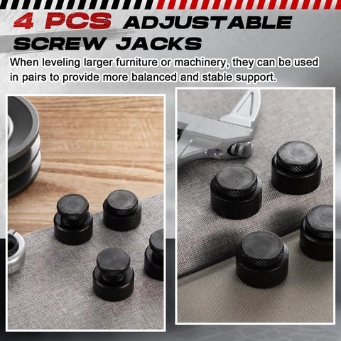 Close-up of 4 Pack Adjustable Screw Jacks Set 0.79 To 1.18 Inch Range Steel Machinist Jack Stands With 1 Ton Capacity on table.