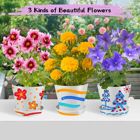 Paint And Plant Kid Friendly Gardening Kit For Boys And Girls, Fun Flower Pot Painting Set With Plant Markers, Seeds, Tools, And Grow Garden Craft Activities, The Ultimate Outdoor Creative Gift For Ages Four To Fourteen showing three decorated flower pots with blooming flowers.