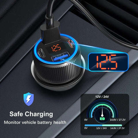 Top Tier 65W 4 Port Usb C Car Charger 3 Pack With Digital Voltmeter connected in car showing charging status and socket.