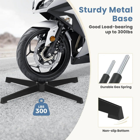 Graphic showing sturdy metal base of Wide Seat Comfy Office Vanity Chair With Swivel Armless Desk Stool supporting a motorbike