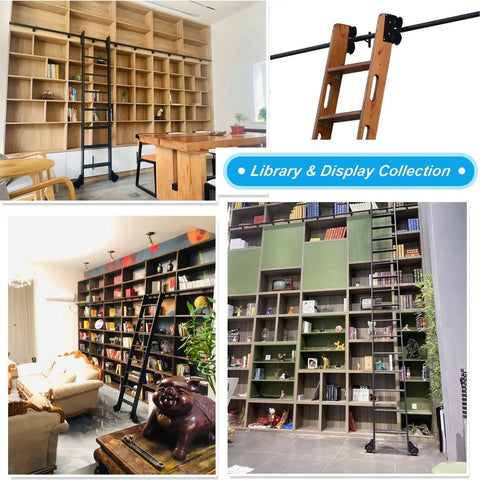 Heavy Duty 10 Foot Sliding Barn Door Hardware Kit With Library Ladder Slide Track For Closets And Room Dividers includes wooden ladder and shelving.