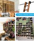 Built Different Library Ladder Sliding Rail Hardware Kit For 10 Foot Tracks, installed on modern bookcases in diverse settings.