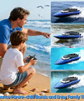 Parent and child playing with Remote Control Boat With 1800mAh Battery Transparent Hull 10 LED Lights Auto Reverse 2.4GHz Waterproof Racing Speedboat Toy For Kids 8-12 And Adults The Go-To Lake Or Pool Gift by the water.