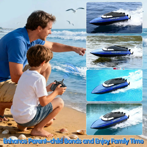Parent and child playing with Remote Control Boat With 1800mAh Battery Transparent Hull 10 LED Lights Auto Reverse 2.4GHz Waterproof Racing Speedboat Toy For Kids 8-12 And Adults The Go-To Lake Or Pool Gift by the water.