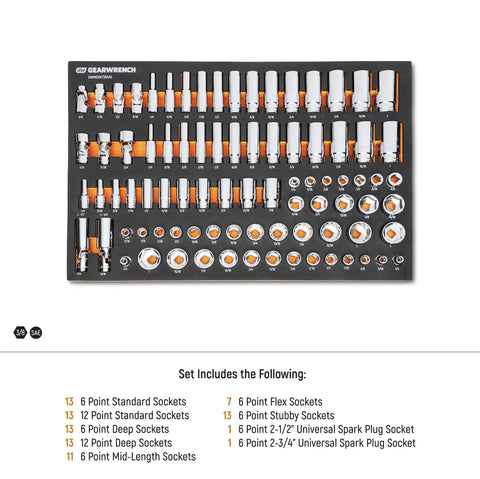 85 Piece Three Eighth Inch Drive Master SAE Socket Set In Foam Tray Garage Ready Pro Grade Kit With 6 And 12 Point Sockets