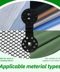 50 Pack Tough As Nails Netting Clips With Grommet Holes, Reusable Lock Grip Fasteners For Garden Greenhouse Patio Pergola Mesh Privacy Screens No Sweat Wind Resistant Setup, shown with various mesh fabrics.