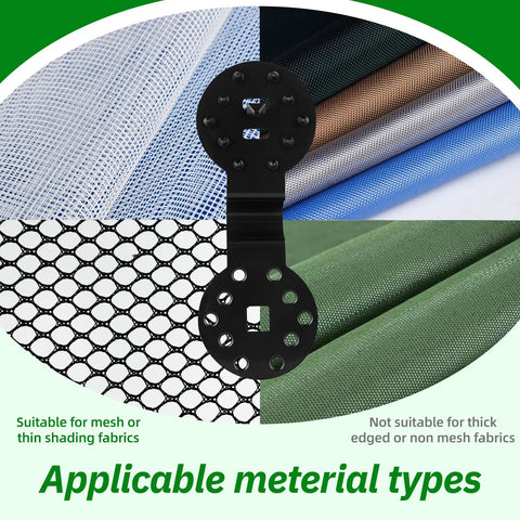 50 Pack Tough As Nails Netting Clips With Grommet Holes, Reusable Lock Grip Fasteners For Garden Greenhouse Patio Pergola Mesh Privacy Screens No Sweat Wind Resistant Setup, shown with various mesh fabrics.