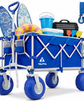 All Terrain Beach Wagon With Big 9 Inch Balloon Wheels For Sand And Grass 400 Lb Heavy Duty Collapsible Cart With Adjustable Handle And Cooler Bag For Outdoor Use Blue loaded with beach gear