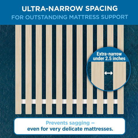 Close-up of queen bunkie board with vertical wood slats, featuring ultra-narrow slat spacing for solid mattress support.