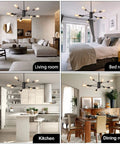 8 Light Dope Modern Industrial Ceiling Chandelier With Adjustable Height Black Finish For Dining Room Kitchen Island Foyer Entryway Sloped Ceiling Compatible Dimmable With Bulbs Not Included displayed in living room, bedroom, kitchen, dining room settings.