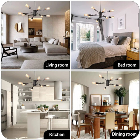 8 Light Dope Modern Industrial Ceiling Chandelier With Adjustable Height Black Finish For Dining Room Kitchen Island Foyer Entryway Sloped Ceiling Compatible Dimmable With Bulbs Not Included displayed in living room, bedroom, kitchen, dining room settings.