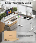 L Shaped Electric Standing Desk With Killer Storage Drawers, 63x48 Inch workspace, organized with plants and office supplies.