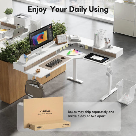 L Shaped Electric Standing Desk With Killer Storage Drawers, 63x48 Inch workspace, organized with plants and office supplies.