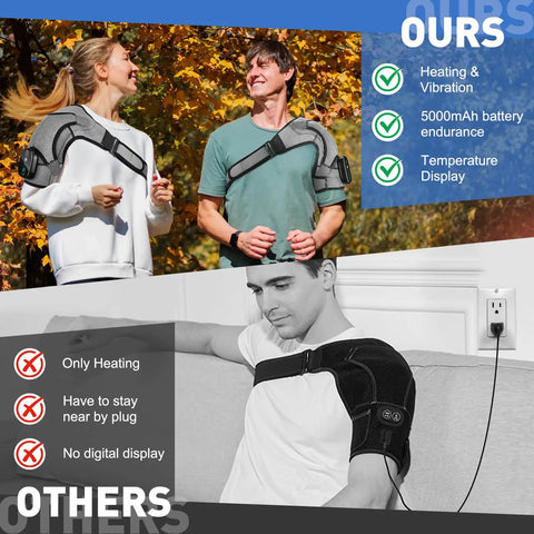 Two people wearing Cordless Shoulder Heating Pad With Heat And Vibration, no wires portable shoulder massager for pain relief.