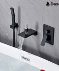 Wall mounted Matte Black Waterfall Tub Filler Faucet with Hand Shower over a freestanding tub, sleek contemporary look.