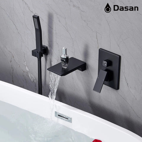 Wall mounted Matte Black Waterfall Tub Filler Faucet with Hand Shower over a freestanding tub, sleek contemporary look.