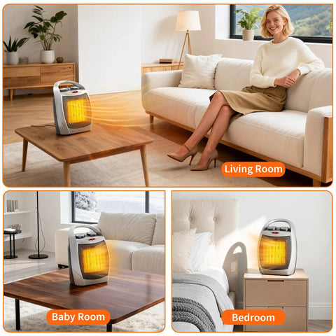 2-In-1 Space Heater With Fan, 1500W High And 750W Low in living room, baby room, and bedroom settings, silver finish