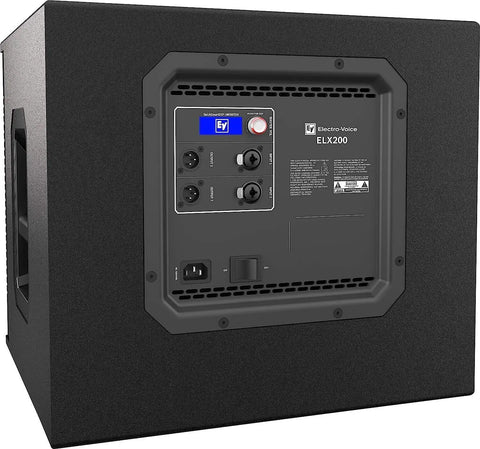 Back view of High Output 12 Inch 1200W Powered Subwoofer With QuickSmart DSP For Live Sound And DJ Setups, Rugged Black Cabinet Featuring EVS-12L Woofer
