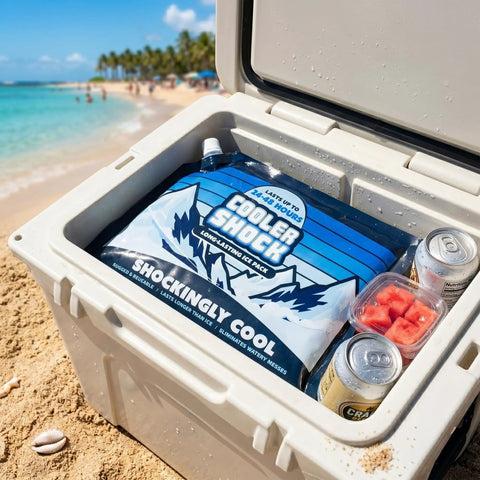 Giant Reusable Ice Packs For Large Coolers, 14X10 Inch Leakproof Freezer Blocks in a cooler keeping drinks cold on the beach.
