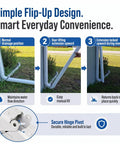 Flip Up Downspout Gutter Hinge For No Sweat Lawn Care And Smooth Yard Clearance White showing installation steps and secure hinge.