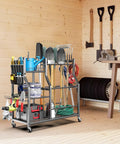 36 Inch Large Garden Tool Organizer On Wheels With Grab And Go Side Pocket Three Tier Rolling Garage Storage Cart For Long Handled Rakes Shovels Brooms Freestanding Yard Tools For Shed And Outdoors