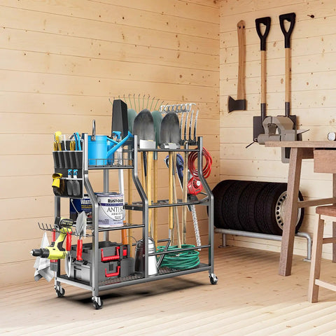 36 Inch Large Garden Tool Organizer On Wheels With Grab And Go Side Pocket Three Tier Rolling Garage Storage Cart For Long Handled Rakes Shovels Brooms Freestanding Yard Tools For Shed And Outdoors