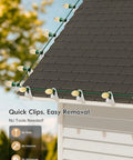 100 Pack Shingle Tab Light Clips For C7 And C9 Christmas Lights With Leaf Guard attached to roof shingles, showing dual leg security