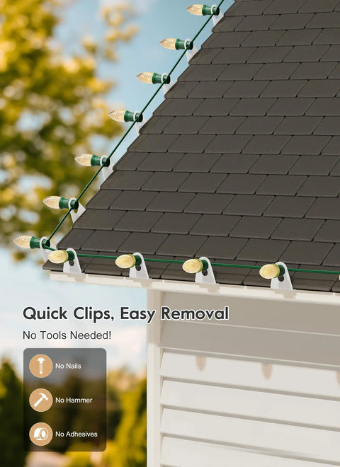 100 Pack Shingle Tab Light Clips For C7 And C9 Christmas Lights With Leaf Guard attached to roof shingles, showing dual leg security