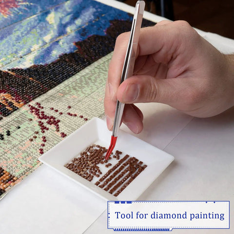 Hand using 4 Piece Rubber Tipped Tweezers Set With PVC Silicone Tips Flat And Bent Styles For Lab Work Jewelry Craft Coin Stamp Tongs Red Coated Non Scratch Forceps in diamond painting.