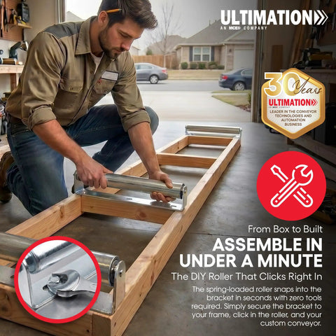 Man installing Tough 10 Inch Roller Bracket Set Galvanized Steel 1.5 Inch Diameter for easy assembly in garage.