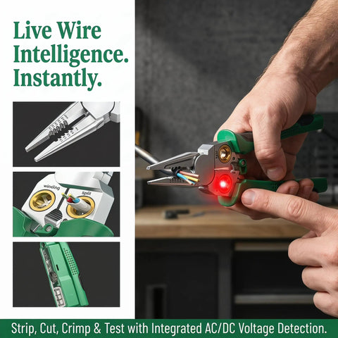 Heavy Duty 8 In 1 Wire Stripper And Voltage Tester With Beast Mode Crimping Pliers and Wire Twister in use for copper cable.