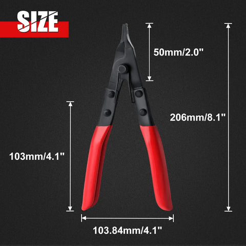Angle Tip Lock Ring Pliers For Snap Rings And Retaining Rings, Flat Nose Circlip Pliers With Knurling Tips shown with dimensions