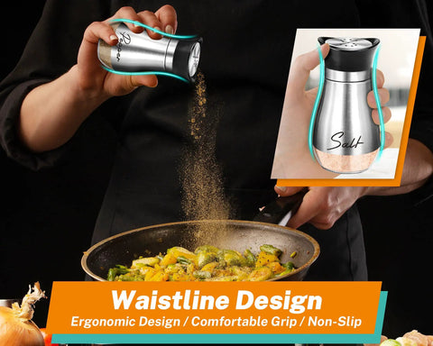 Person seasoning food with Refillable Salt And Pepper Shaker Set With Glass Bottom And Stainless Steel Lids, silver, 4 oz capacity.