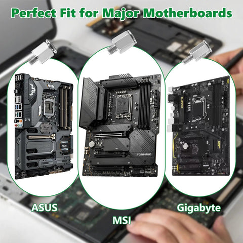 Thirty Piece M2 SSD Screws And NVMe Standoff Kit delivers secure mounts for ASUS, MSI, and Gigabyte motherboards.
