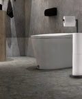 Free Standing Toilet Paper Holder With Storage In Matte Black No Fuss Heavy Base For Stability Anti Slip Floor Pad Rustproof Stainless Steel Construction in a bathroom with a modern toilet