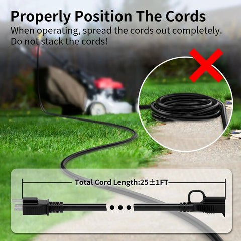 Waterproof 25 Ft Indoor Outdoor Extension Cord 16 Gauge 3 Wire SJTW ETL laid out on grass beside lawnmower