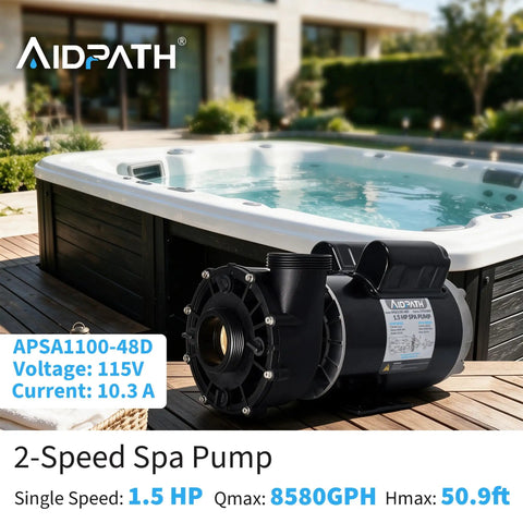 Top Shelf 1.5 Horsepower Hot Tub Spa Pump With Nema 48 Frame Motor placed beside backyard spa for easy installation.
