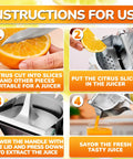 Hand Press Citrus Juicer For Lemons Limes Oranges Aluminum Alloy Ergonomic Handle Heavy Duty Manual Fruit Squeezer Easy Clean Portable Bar Tool instructions on citrus juicing steps.