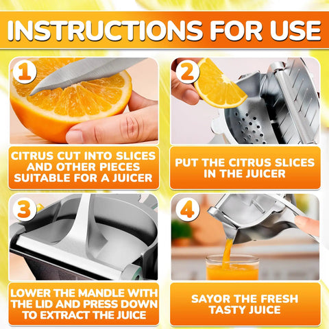 Hand Press Citrus Juicer For Lemons Limes Oranges Aluminum Alloy Ergonomic Handle Heavy Duty Manual Fruit Squeezer Easy Clean Portable Bar Tool instructions on citrus juicing steps.
